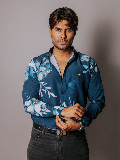 CAMISA HOMBRE SLIM FIT, AZUL FLORES