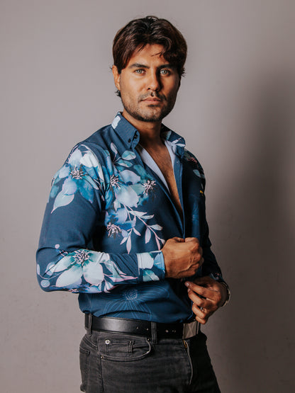 CAMISA HOMBRE SLIM FIT, AZUL FLORES