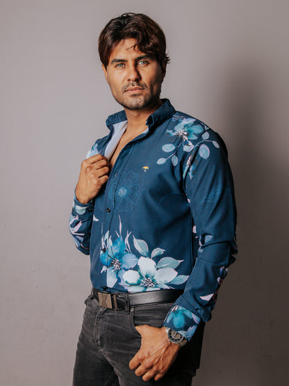 CAMISA HOMBRE SLIM FIT, AZUL FLORES