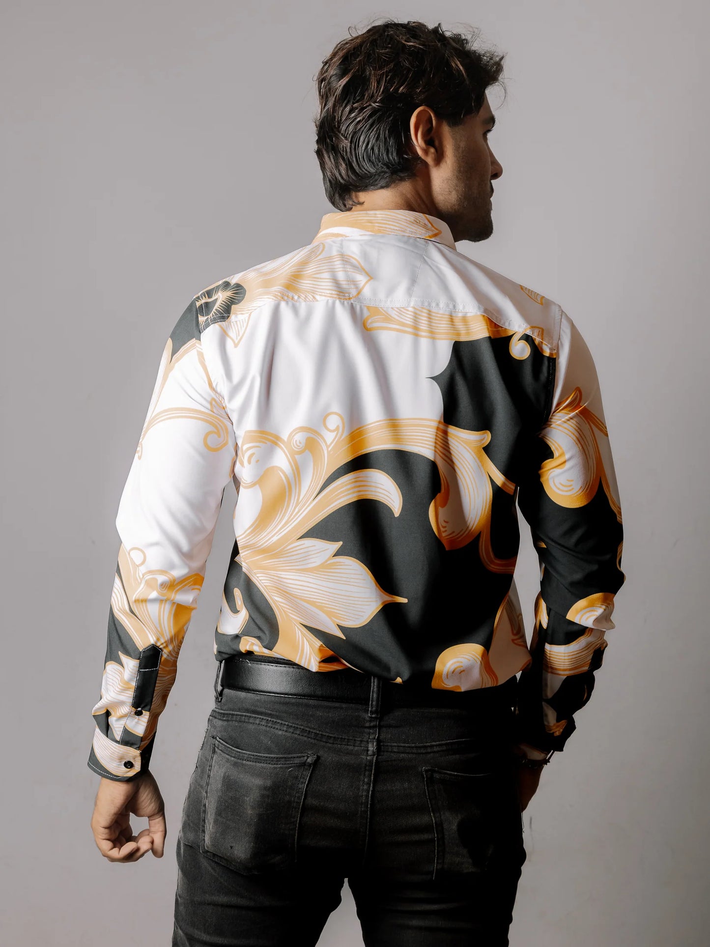 Camisa Hombre Casual Negra Floral Dorado Blanco
