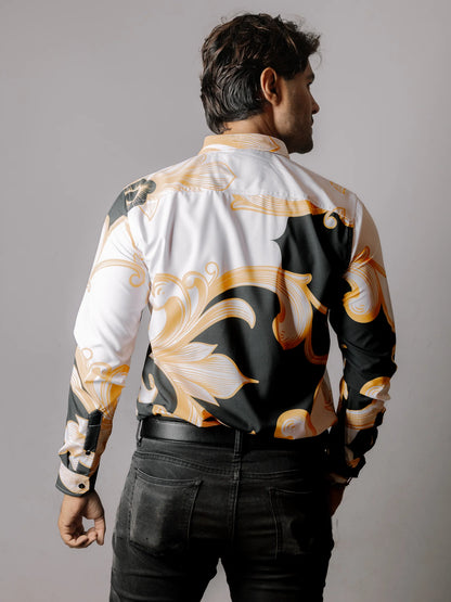 Camisa Hombre Casual Negra Floral Dorado Blanco