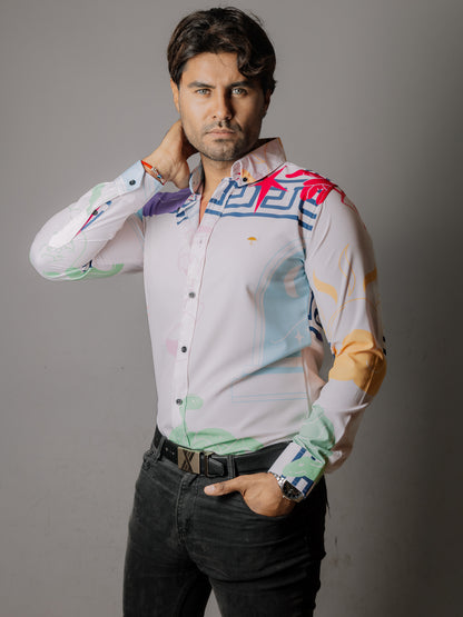 CAMISA HOMBRE SLIM FIT, DETALLE GRECORROMANO MULTICOLOR
