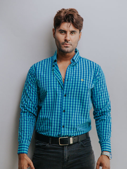 CAMISA HOMBRE SLIM FIT, MINI CUADROS VERDE Y AZUL