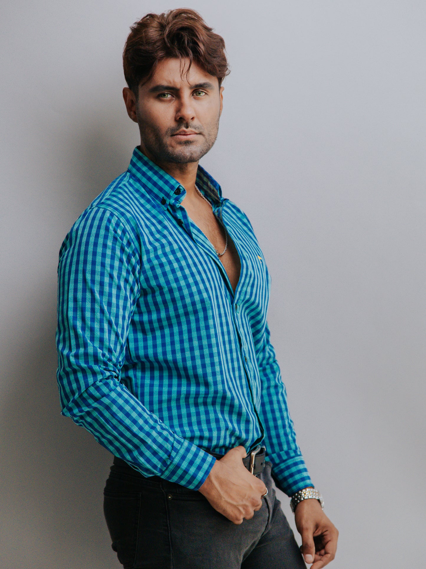 CAMISA HOMBRE SLIM FIT, MINI CUADROS VERDE Y AZUL