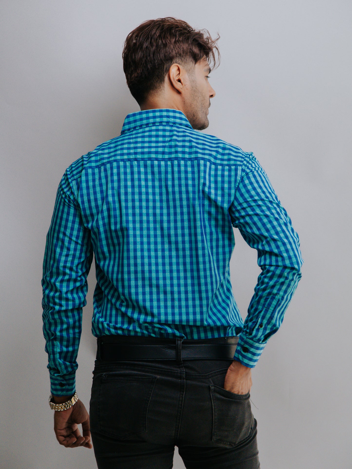 CAMISA HOMBRE SLIM FIT, MINI CUADROS VERDE Y AZUL