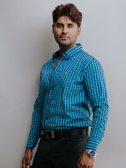 CAMISA HOMBRE SLIM FIT, MINI CUADROS VERDE Y AZUL