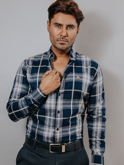 CAMISA HOMBRE SLIM FIT, AZUL, LINEAS GRIS Y BEIGE