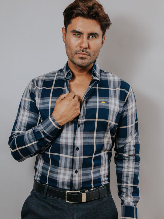 CAMISA HOMBRE SLIM FIT, AZUL, LINEAS GRIS Y BEIGE