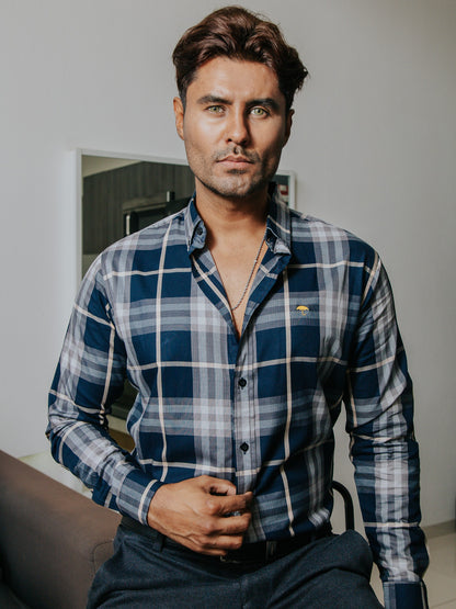 CAMISA HOMBRE SLIM FIT, AZUL, LINEAS GRIS Y BEIGE