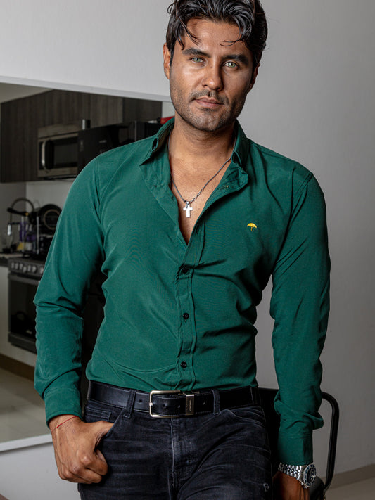 CAMISA SLIM FIT HOMBRE, LISA VERDE PETROLEO