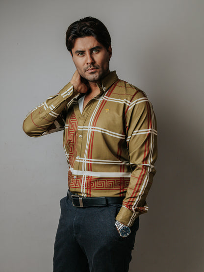 CAMISA SLIM FIT, VERDE DETALLE GRIEGO MARRÓN