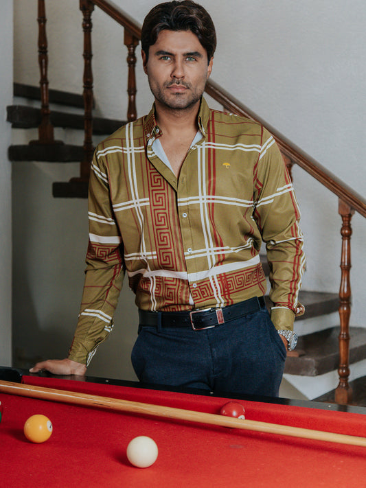 CAMISA SLIM FIT, VERDE DETALLE GRIEGO MARRÓN