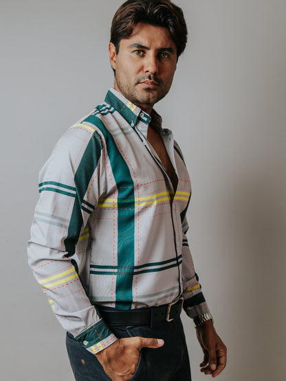 CAMISA SLIM FIT, GRIS LÍNEAS AMARILLAS Y ROJAS