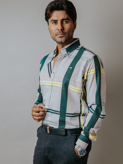 CAMISA SLIM FIT, GRIS LÍNEAS AMARILLAS Y ROJAS
