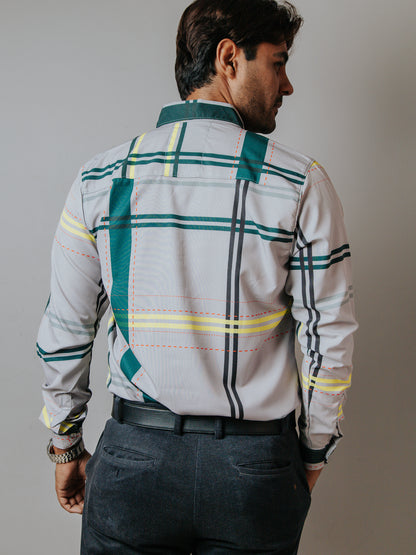 CAMISA SLIM FIT, GRIS LÍNEAS AMARILLAS Y ROJAS