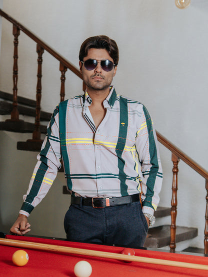 CAMISA SLIM FIT, GRIS LÍNEAS AMARILLAS Y ROJAS