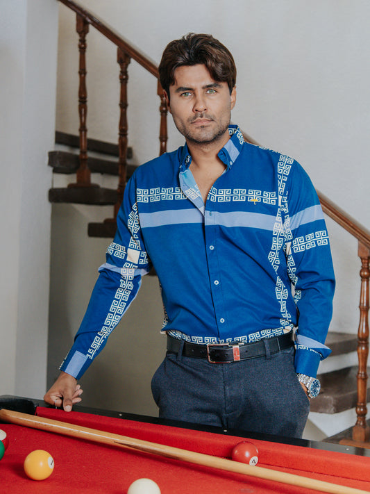 CAMISA SLIM FIT, AZUL DETALLE GRIEGO CREMA