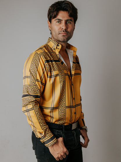 CAMISA HOMBRE SLIM FIT, MOSTAZA GRECAS GRIS Y NEGRO