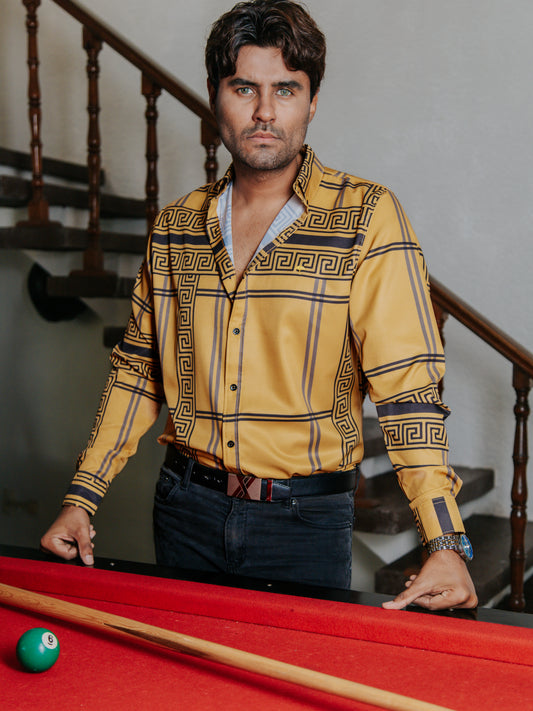 CAMISA HOMBRE SLIM FIT, MOSTAZA GRECAS GRIS Y NEGRO