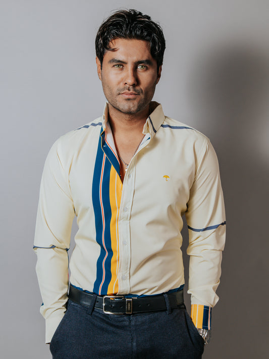CAMISA SLIM FIT HOMBRE, CREMA LÍNEAS AMARILLO, AZUL MARINO