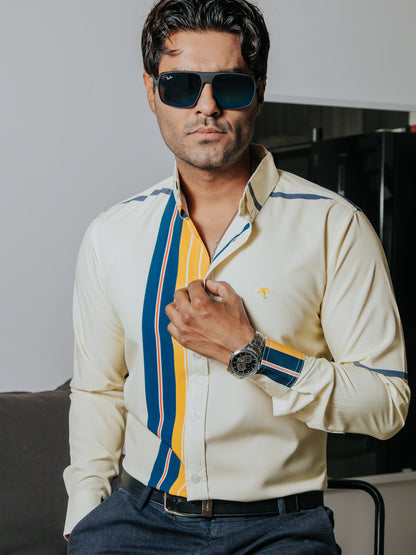 CAMISA SLIM FIT HOMBRE, CREMA LÍNEAS AMARILLO, AZUL MARINO