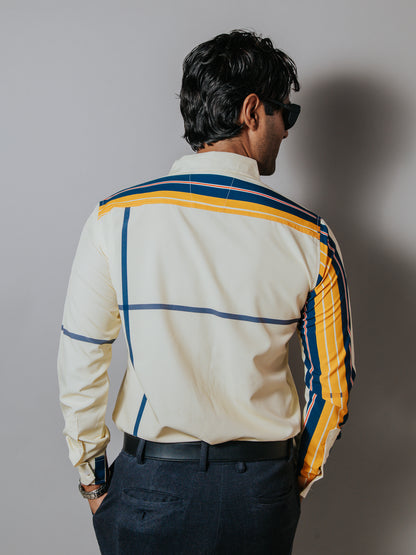 CAMISA SLIM FIT HOMBRE, CREMA LÍNEAS AMARILLO, AZUL MARINO
