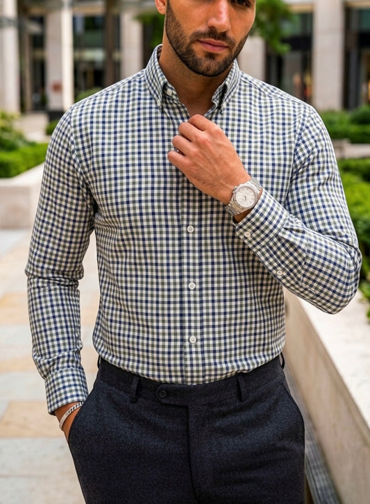 Camisa Manga Larga Cuadros Azules y Verdes