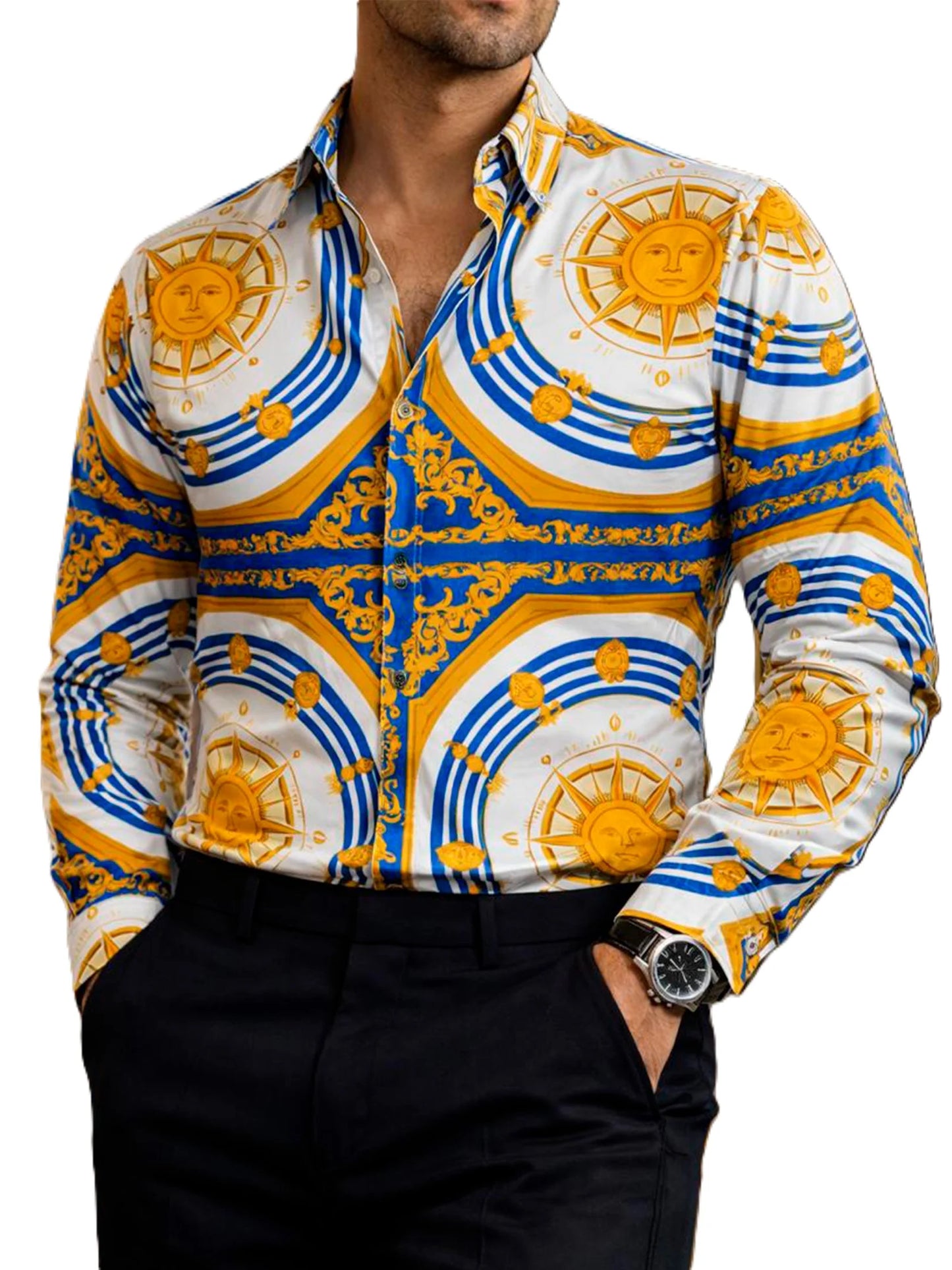 Camisa Hombre Casual Blanca Soles Figuras Doradas Azul
