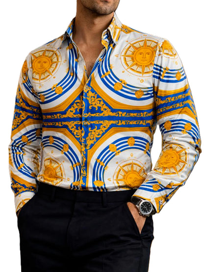 Camisa Hombre Casual Blanca Soles Figuras Doradas Azul