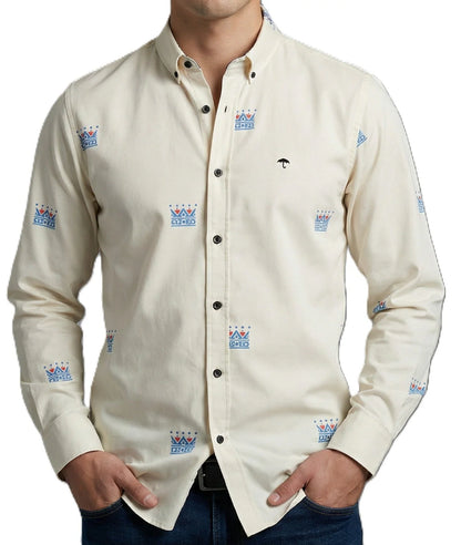 Camisa Hombre Casual Beige Mini Figuras Coronas