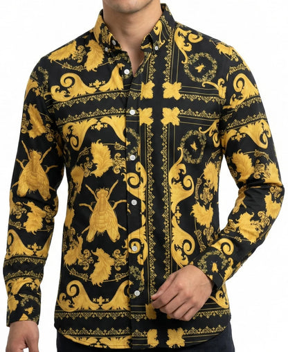Camisa Hombre Casual Negra Floreada Insecto Dorado Barroco