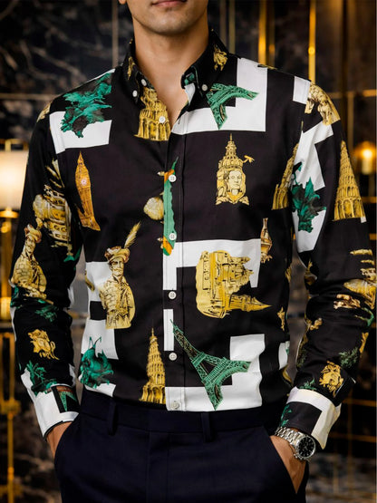 Camisa Hombre Casual Negro & Blancas estatua David Torre Eiffel