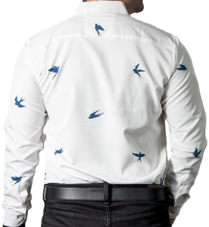 Camisa Hombre Casual Beige Claro Figuras Aves Marino