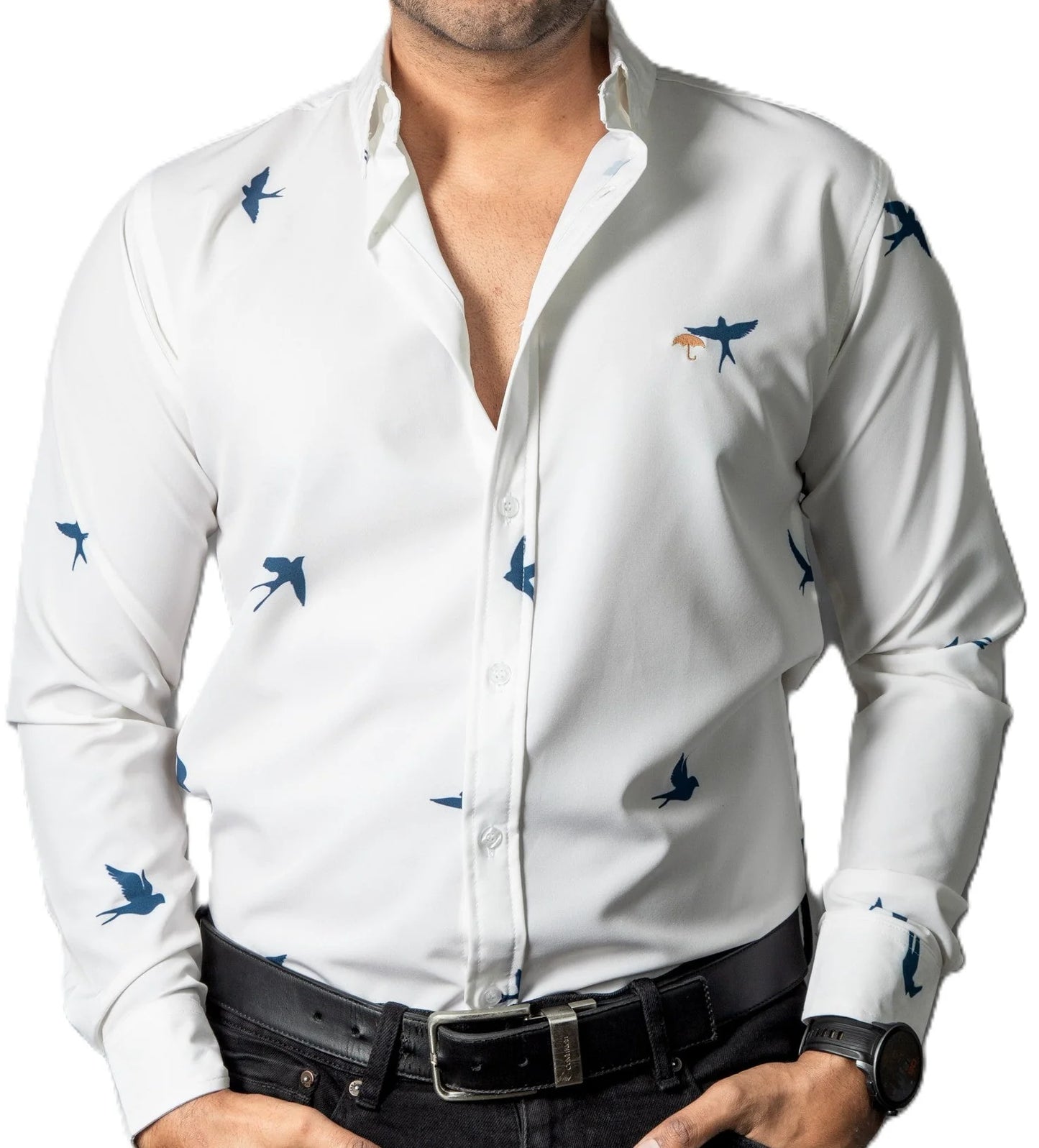 Camisa Hombre Casual Beige Claro Figuras Aves Marino