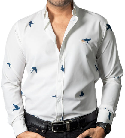 Camisa Hombre Casual Beige Claro Figuras Aves Marino