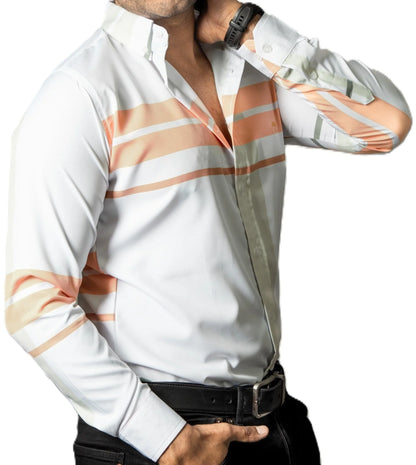 Camisa Hombre Casual Blanca Franjas Naranja Verde