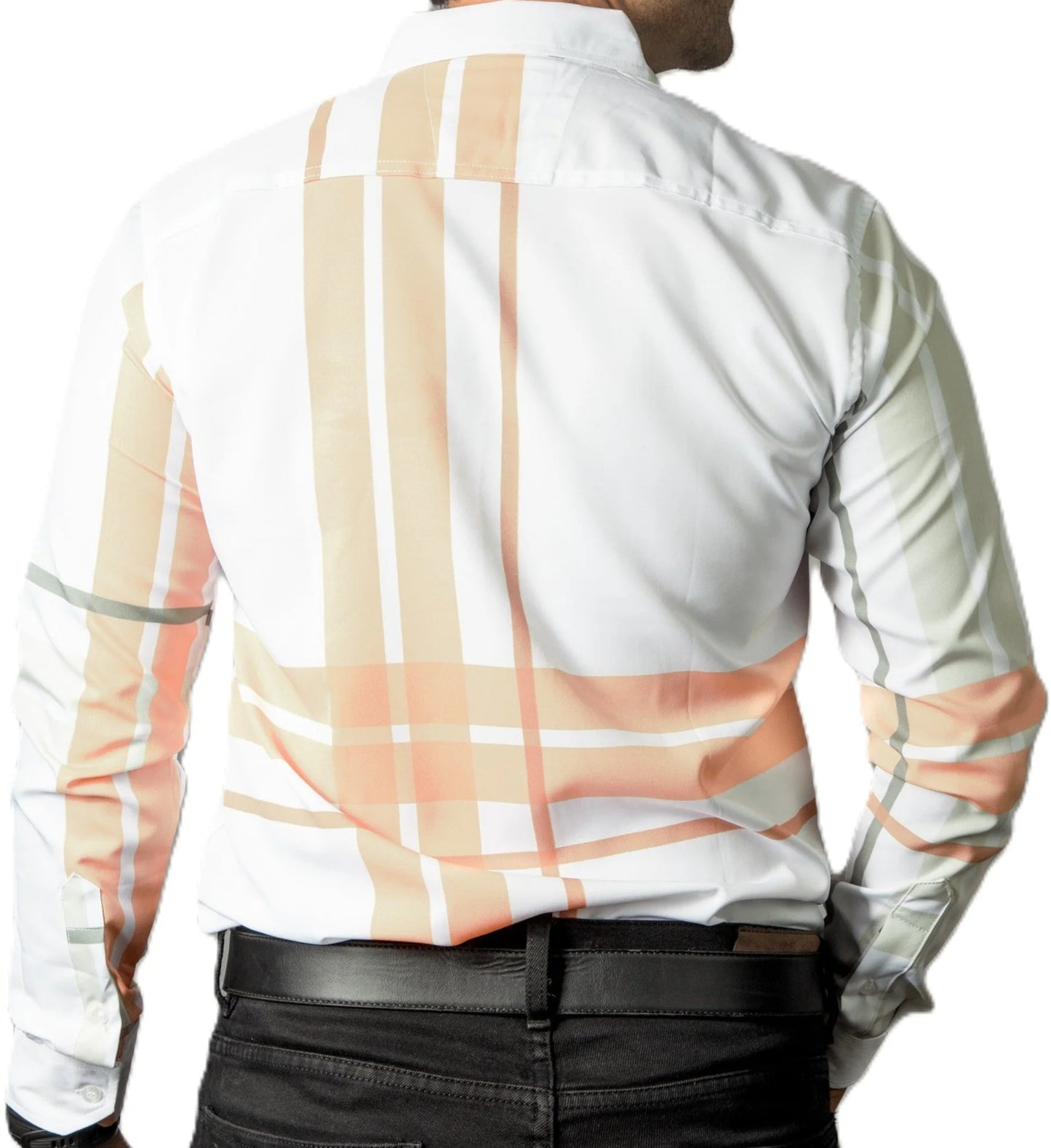 Camisa Hombre Casual Blanca Franjas Naranja Verde