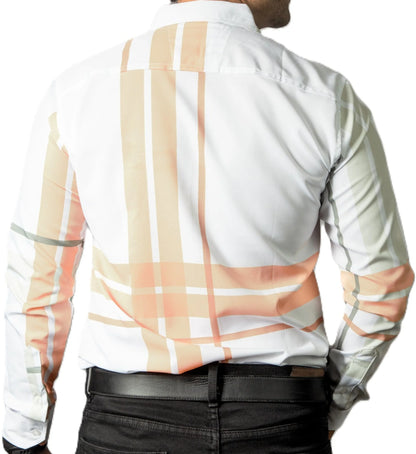 Camisa Hombre Casual Blanca Franjas Naranja Verde