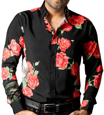 Camisa Manga Larga Negra Rosas Rojas