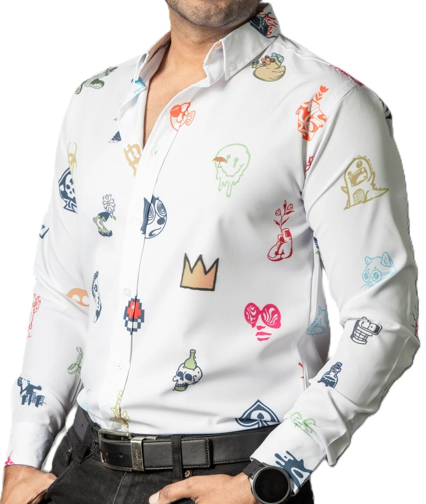 Camisa Hombre Casual Blanca Mini Figuras Colores