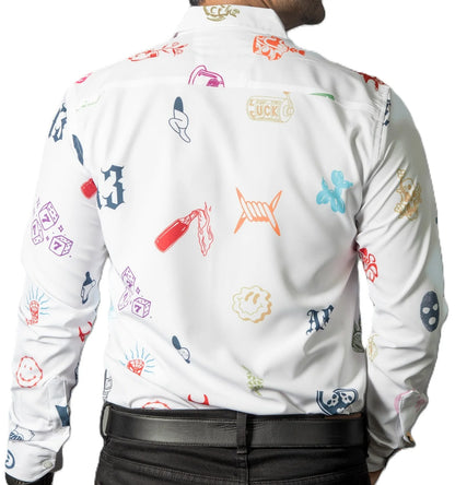 Camisa Hombre Casual Blanca Mini Figuras Colores