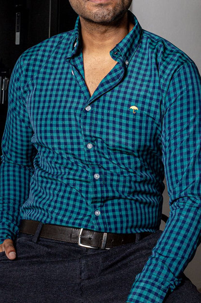 CAMISA HOMBRE CASUAL, CUADRO VERDE Y AZUL