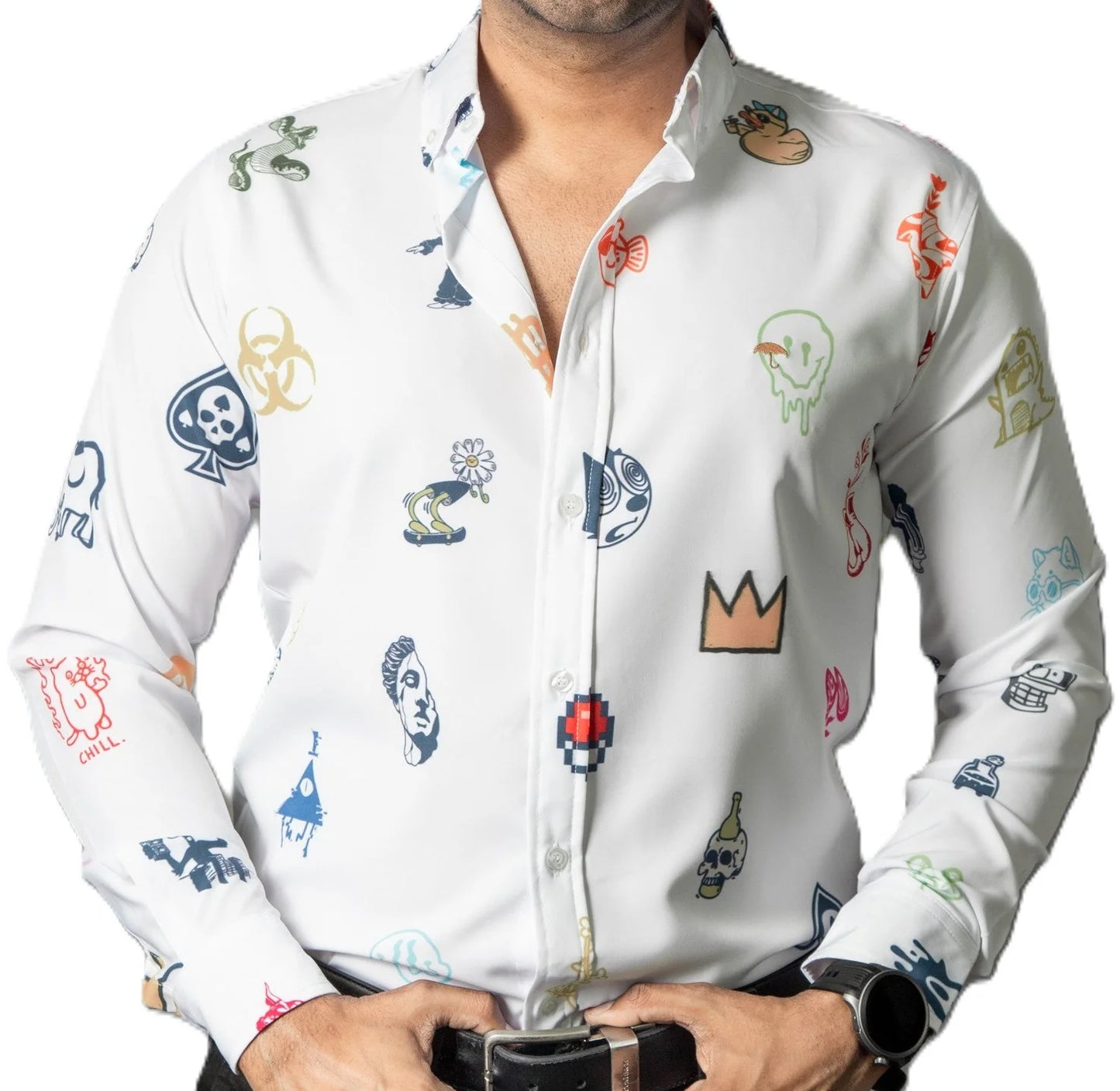 Camisa Hombre Casual Blanca Mini Figuras Colores