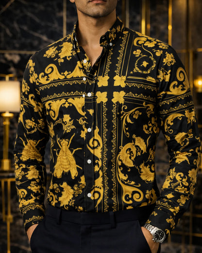 Camisa Hombre Casual Negra Floreada Insecto Dorado Barroco