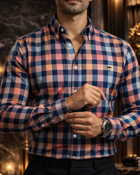 Camisa Hombre Casual Cuadros Azules Naranjas Rosas