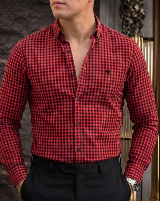 Camisa Hombre Casual Mini Cuadros Rojos, Negros