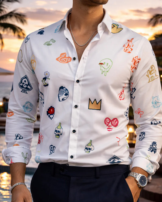 Camisa Hombre Casual Blanca Mini Figuras Colores