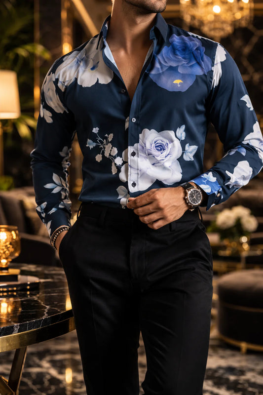 Camisa Hombre Casual Negra Rosas Moradas y Blancas