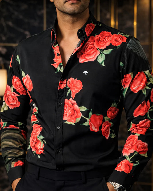 Camisa Manga Larga Negra Rosas Rojas