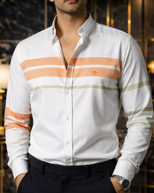 Camisa Hombre Casual Blanca Franjas Naranja Verde